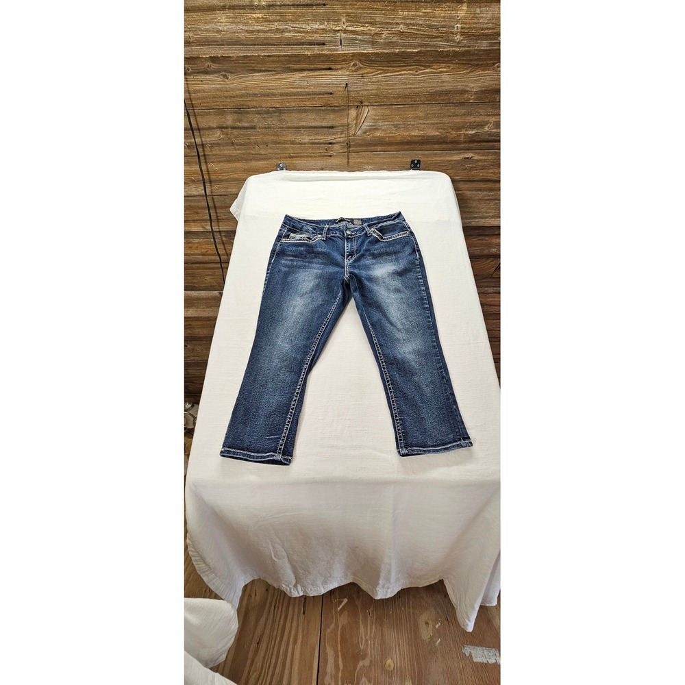 Love Indigo Women  Denim Cropped Capri Jeans Size 12 Thick Stitch Flap Pocket